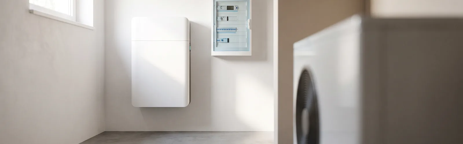 Home battery on the wall of a utility room next to the electrical panel