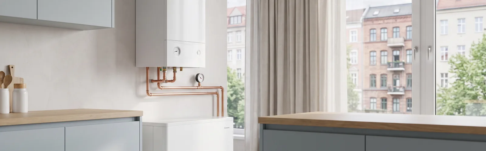 Condensing boiler and heat-pump indoor unit in a modern European utility room