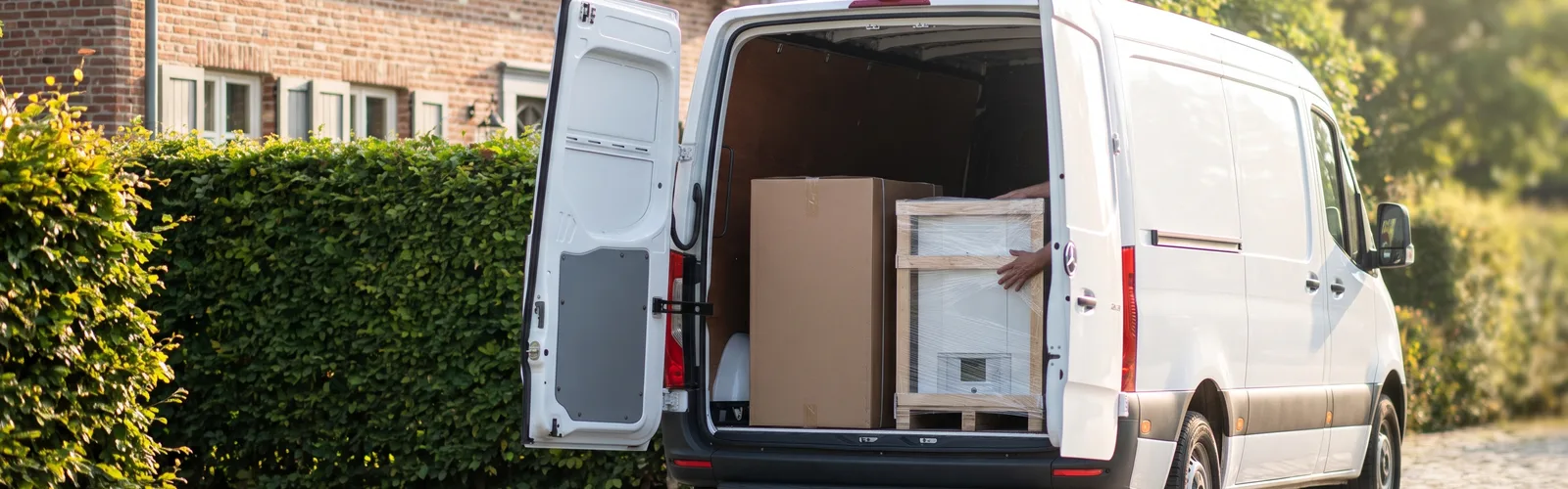 Delivery van with pallet and parcel in front of a house