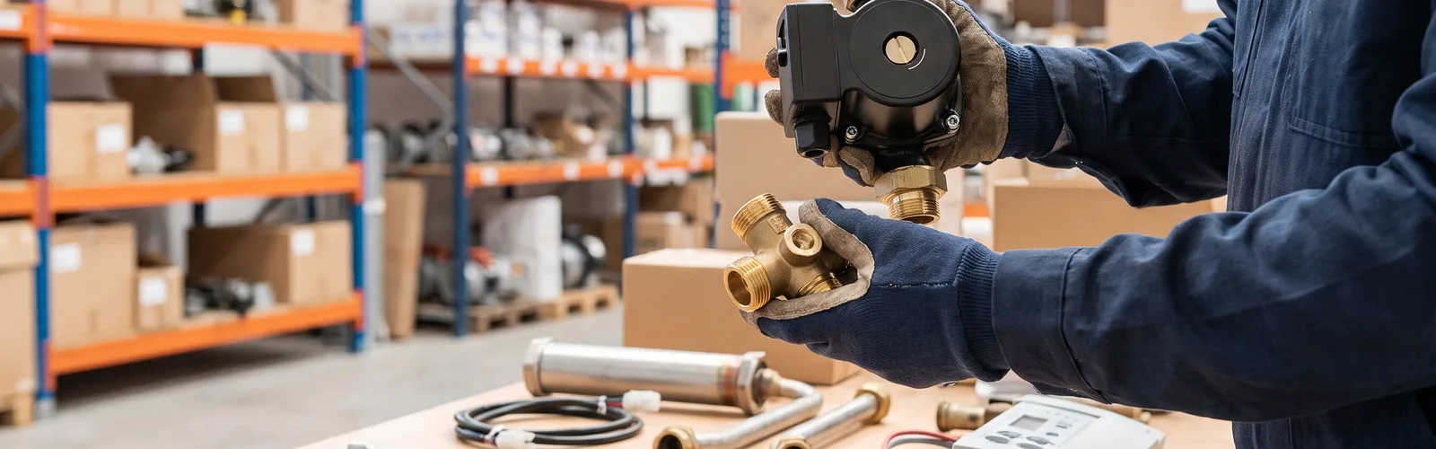 Technician with genuine parts in the warehouse