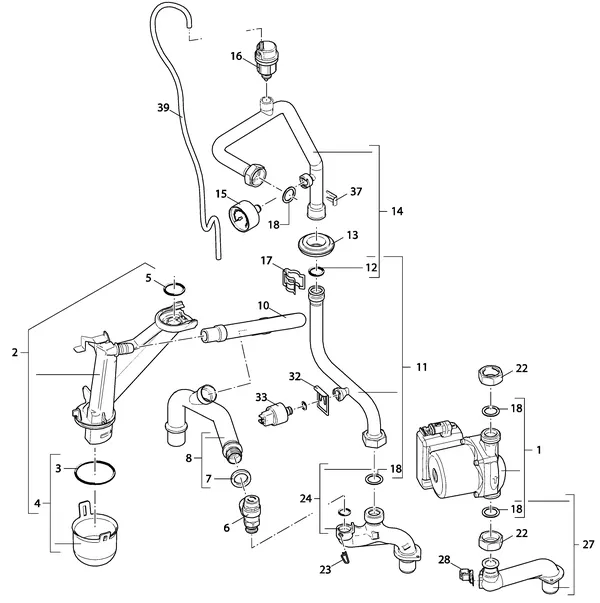 Exploded view Nefit (Bosch) 9000i HR50 Solo Zwart: Pomp leidingen