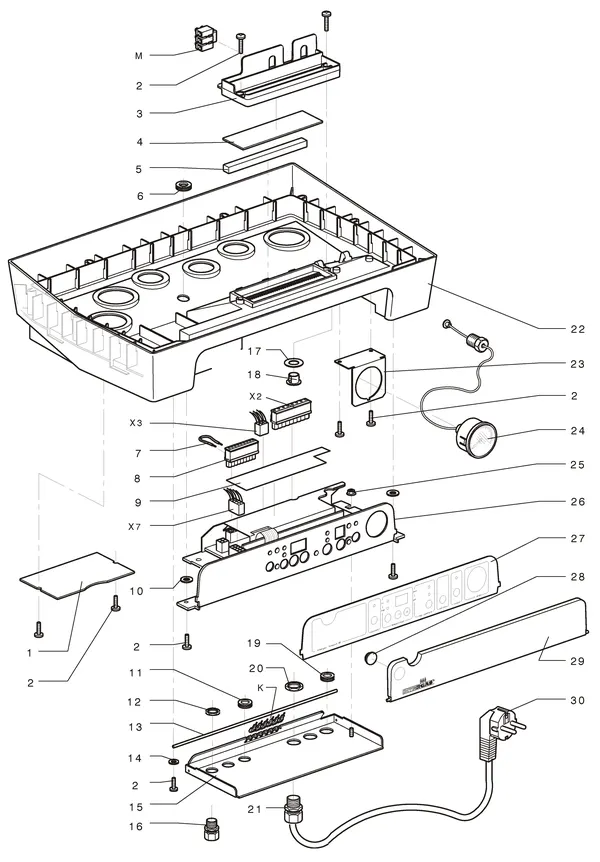 Exploded view Intergas Kombi Kompakt HR 22A: Onderbak en branderautomaat vanaf 1 janu
