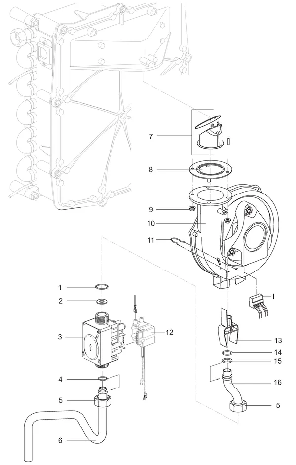 Exploded view Intergas Kompakt Solo HRE 18A: Gasstraat fan with tunnelventuri
