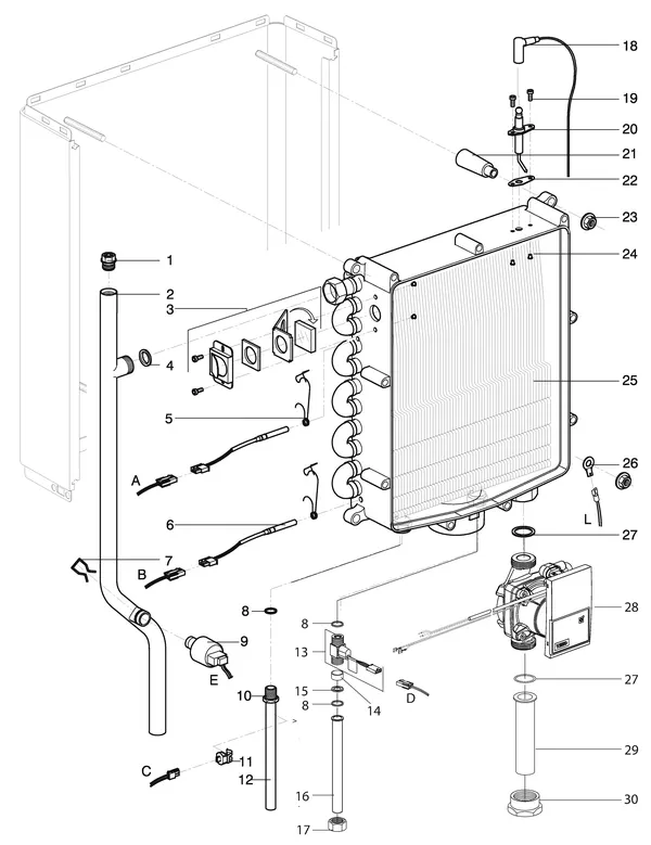 Exploded view Intergas Kompakt Solo HRE 30A: Heat exchanger waterzijdig from august