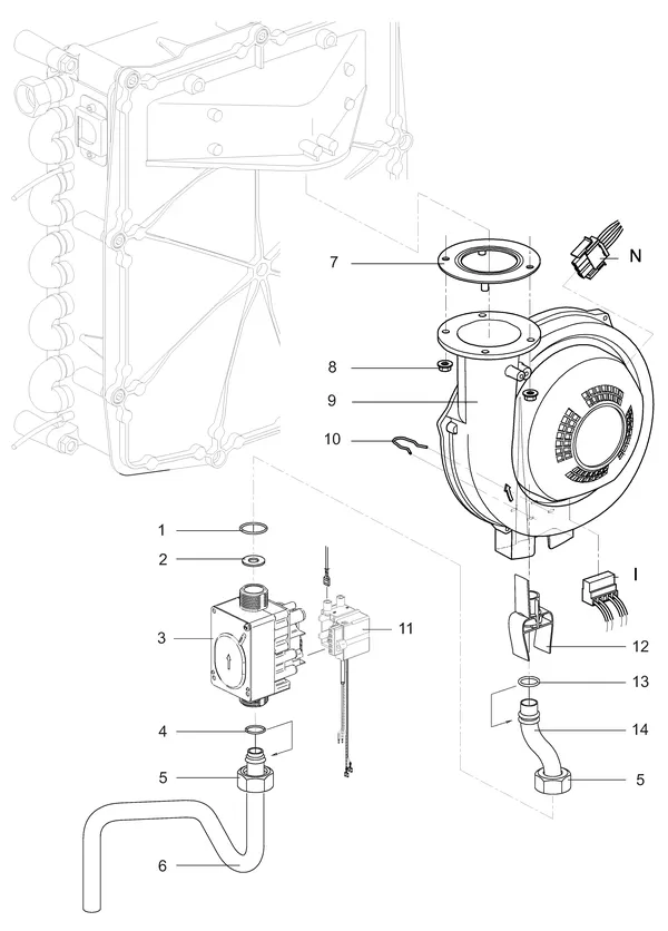 Exploded view Intergas Kompakt Solo HRE 48A: Gasstraat fan 230v with tunnelvent