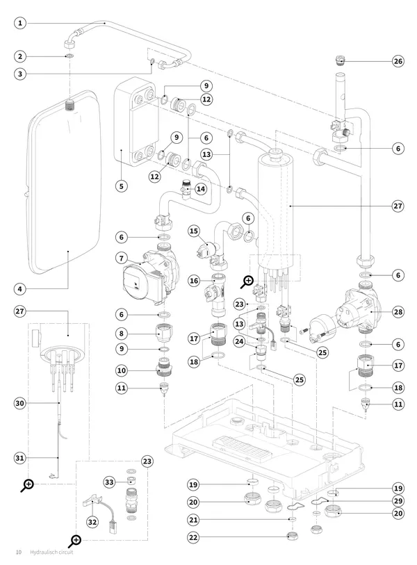 Exploded view Intergas Xource binnenunit: Hydraulisch circuit