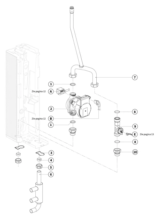 Exploded view Intergas Xtend binnenunit: Hydraulisch circuit