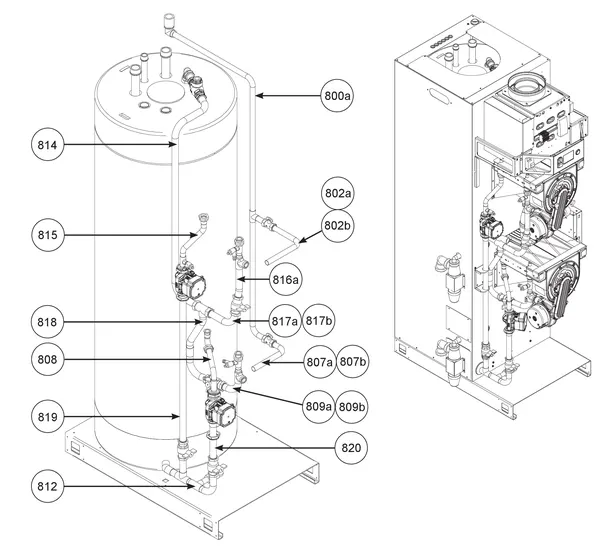 Exploded view Remeha CWH Ace 60/201: Leidingen 2 vanaf serienr 23xxxxxx