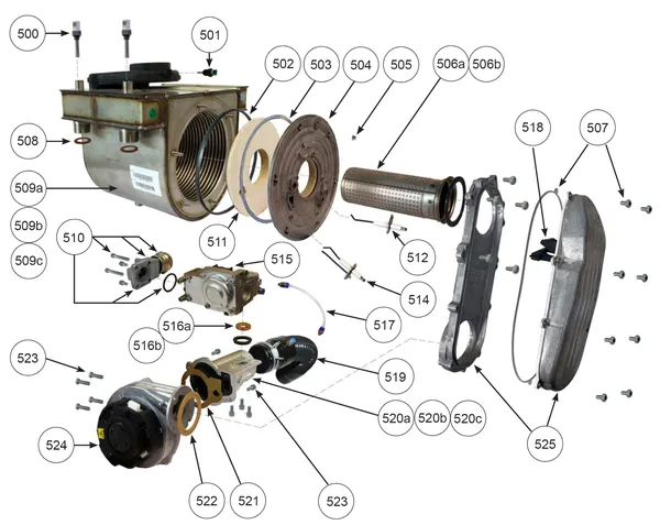 Exploded view Remeha CWH Ace 60/301: Burner and heat exchanger