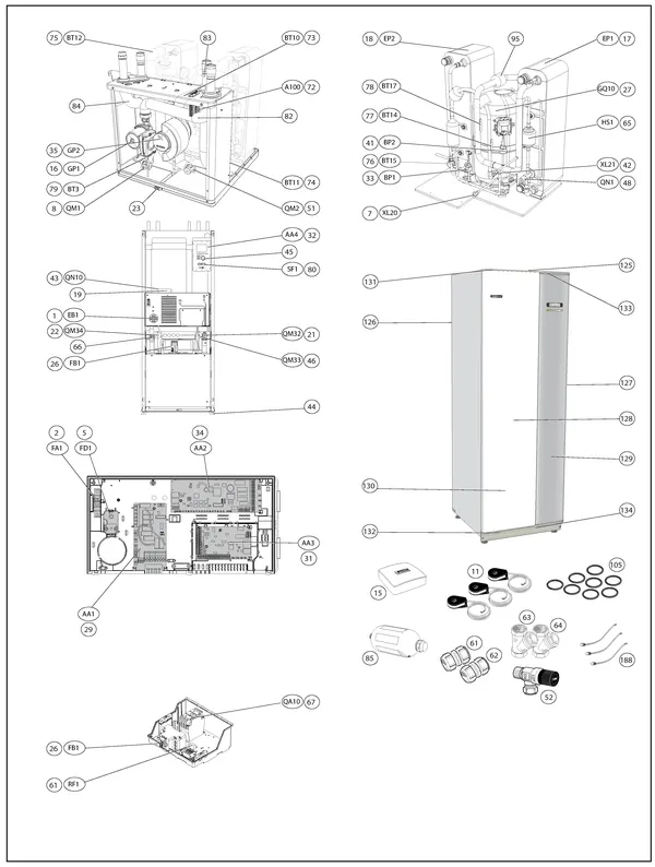 Exploded view Nibe F1145-10 EM 3x230V | 065138: Totaaloverzicht