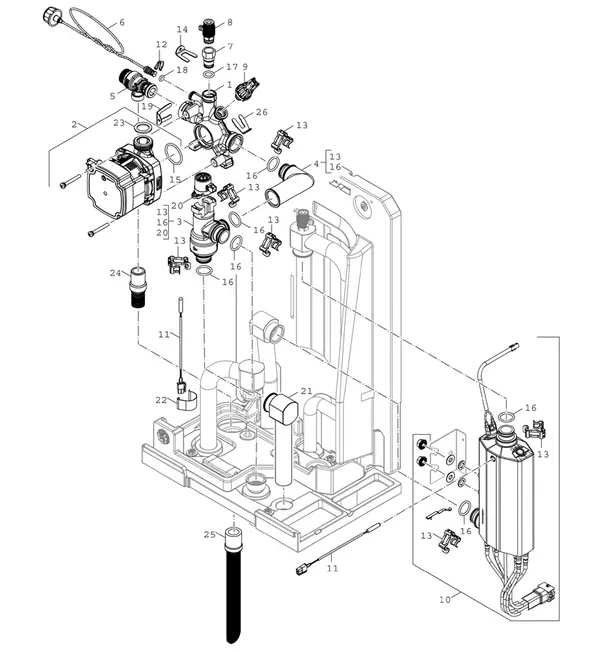 Exploded view Bosch Compress 5800i AW (CS5800iAW 12 E): Pump and electric backup heater