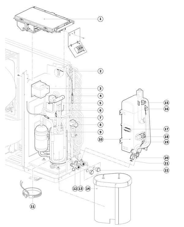 Exploded view Intergas Xtend Mono buitenunit: Koudemiddelcircuit en electronica