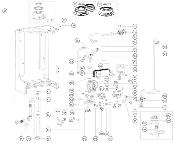 Exploded view Atag i28CZ iCon1: Achterwand and hydraulische componenten