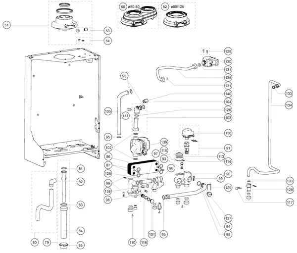 Exploded view Atag P27EC iCon1: Achterwand en hydraulische componenten