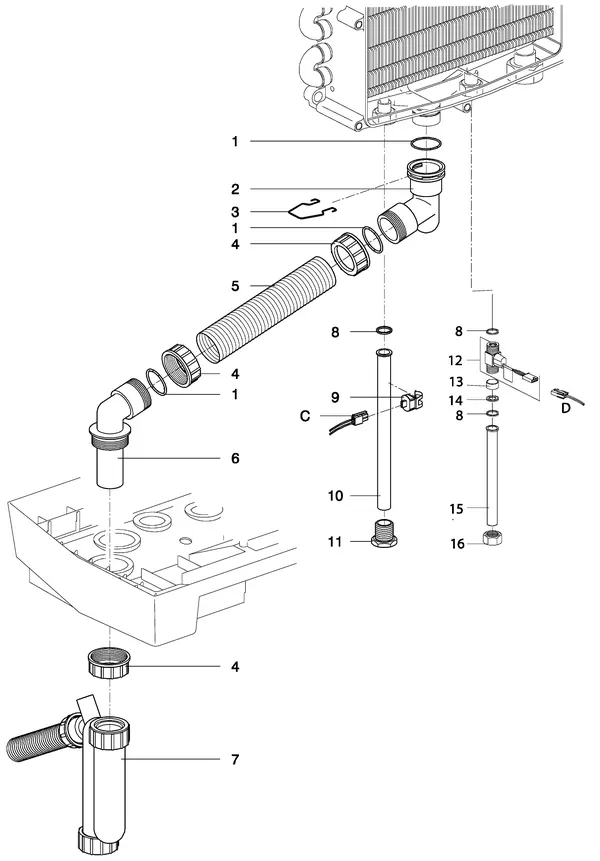 Exploded view Intergas Kompakt Solo HR 28 A: Tapwaterzijdig condensafvoer vanaf augus