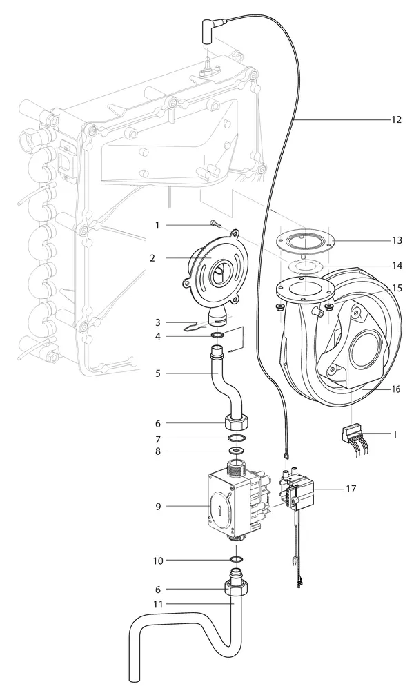 Exploded view Intergas Kombi Kompakt HReco 36 HR: Gasstraat ventilator met losse venturi