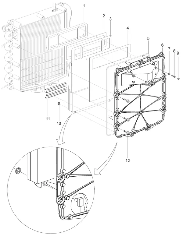 Exploded view Intergas Kombi Kompakt HRE 36/48A: Branderunit voorplaat with borstbout vana