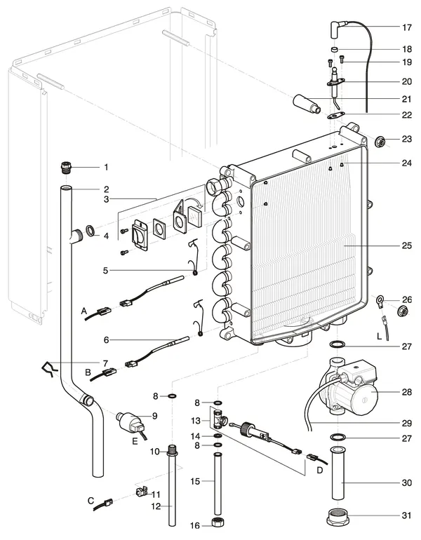 Exploded view Intergas Kompakt Solo HRE 12: Heat exchanger waterzijdig