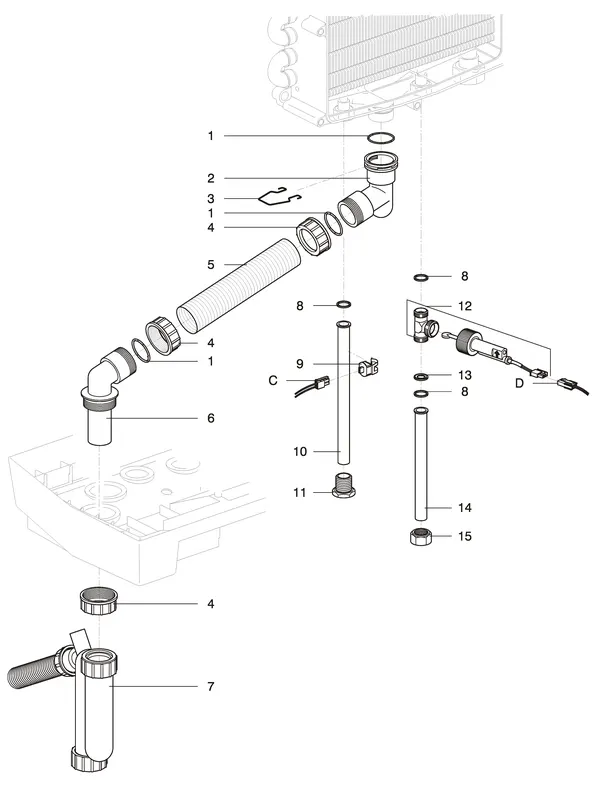 Exploded view Intergas Kombi Kompakt HR 28/24: Tapwaterzijdig condensafvoer tot augustu
