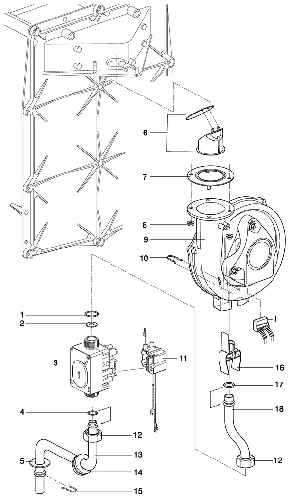 Exploded view Intergas Kombi Kompakt HR 28A: Gasstraat 1 1 met ventilator incl tunnel