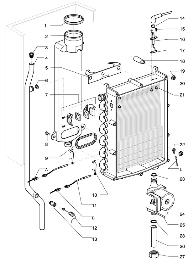 Exploded view Intergas Kombi Kompakt Tap HR 22: Wisselaar rookgas waterzijdig tot august