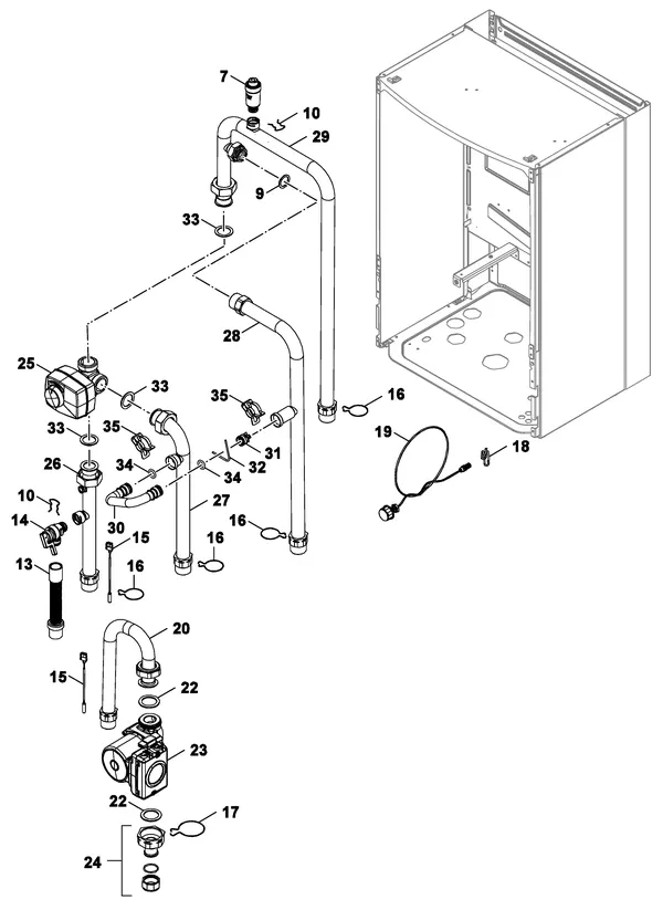 Exploded view Nefit (Bosch) Monoblock IDU 5-9 B: Pomp pipes
