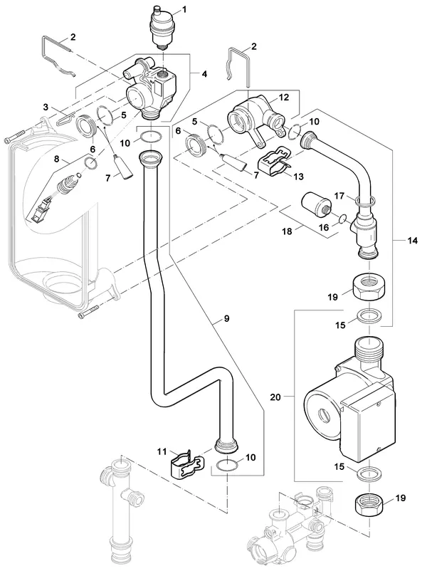 Exploded view Nefit (Bosch) SmartLine HR 24 STD: Pomp pipes