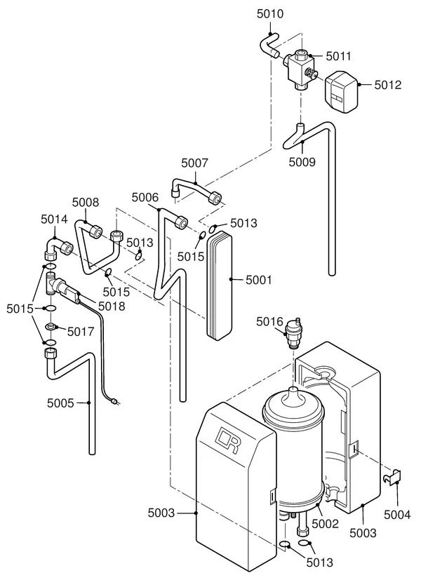 Exploded view Remeha Quinta 35 Combi: Waterzijdig