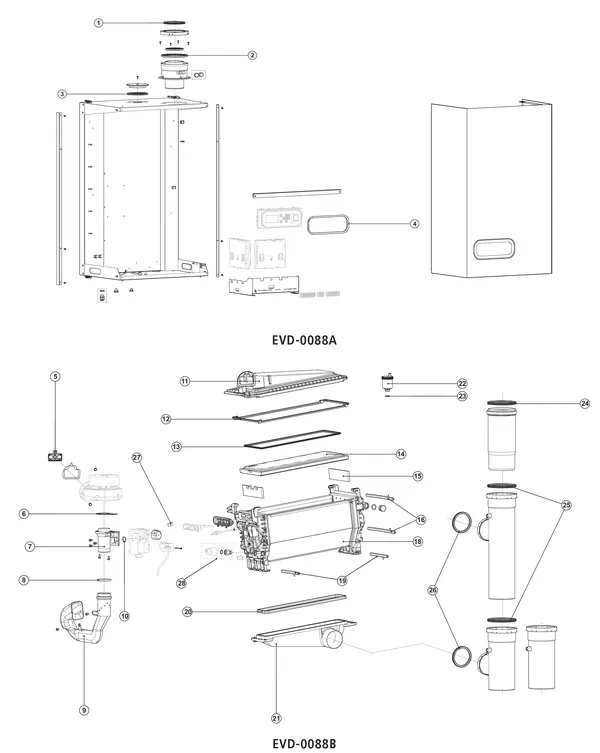 Exploded view A.O. Smith UB 110: Mantel en warmtewisselaar