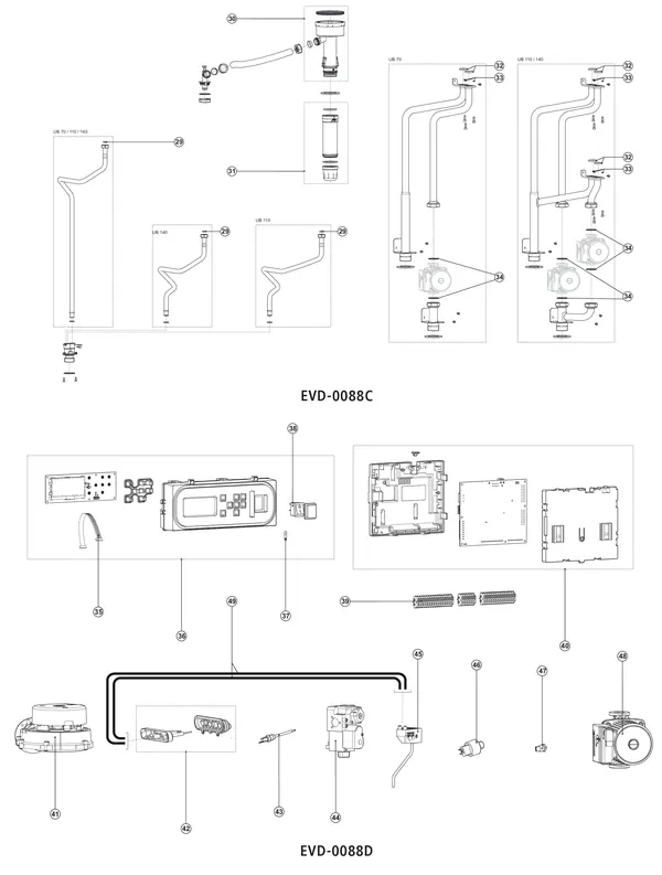 Exploded view A.O. Smith UB 140: Pipe besturing and electric onderde