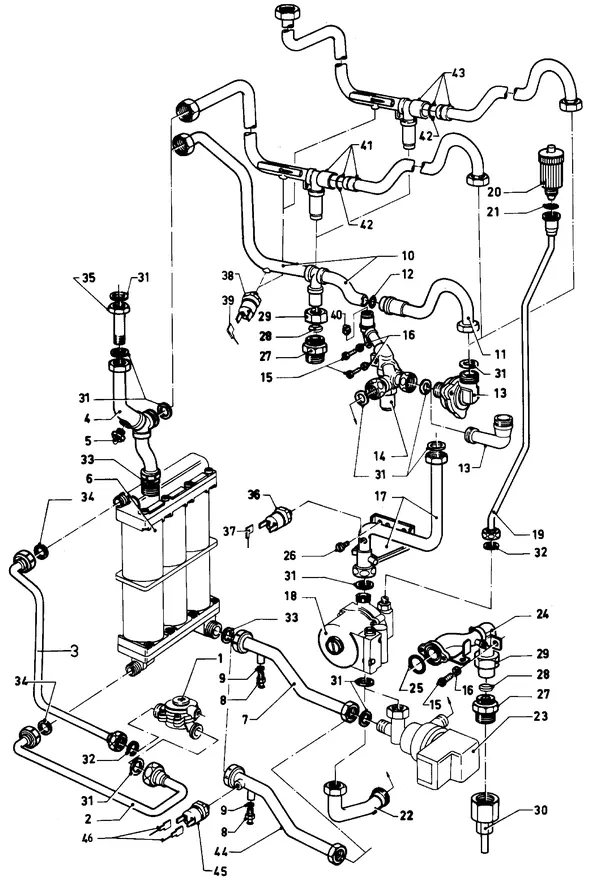 Exploded view Vaillant Combiketel Turbo CWK 24-12 E SO28: Aansluitdelen