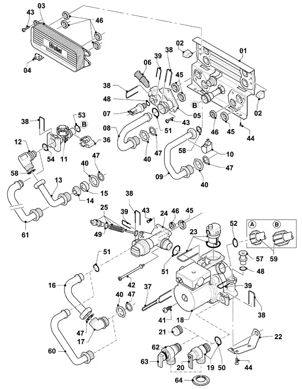 Exploded view Vaillant Combiketel Turbo CWK 245/4-5 R4: Aansluitdelen hydroblok