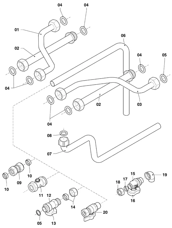 Exploded view Vaillant hrSOLIDE plus VHR 34/3-5 R3: Aansluitdelen leidingen